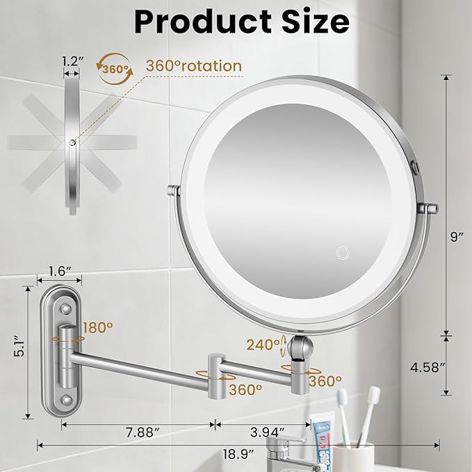 9" Wall Mounted LED Lighted Makeup Vanity Mirror - 4000mAh Rechargeable Double Sided 1X/30X Magnifying Mirror, 3 Color Lights Touch Dimmable, Height Adjustable Extended Arm 360° Swivel Bathroom Mirror