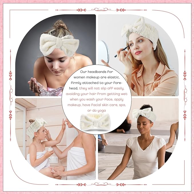 Yunlly 20 Pcs Spa Headband for Women 4 Inches Width Facial Makeup Hair Band Bulk Skincare Headbands for Washing Face Bowtie Slumber Party Supplies Fluffy Head Wraps(Beige)