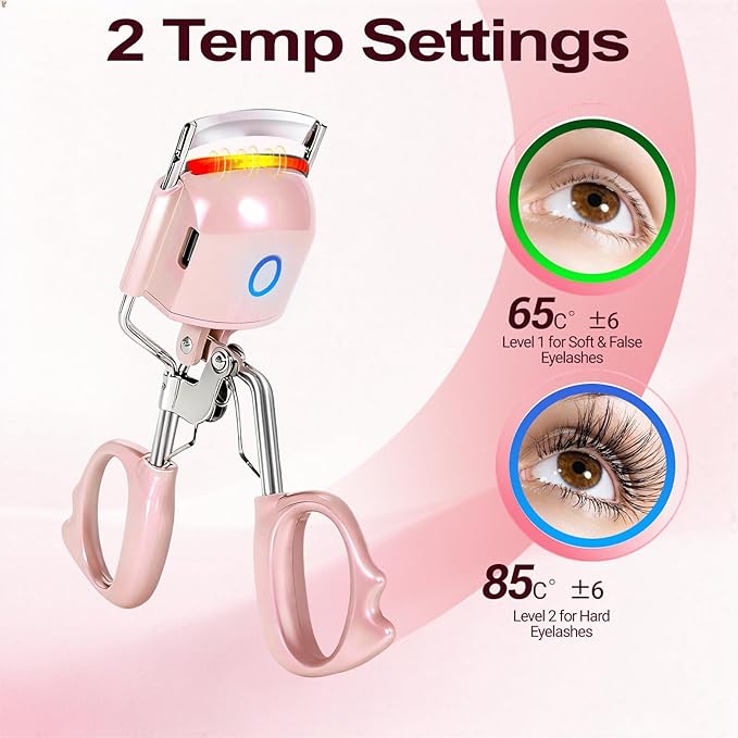 Heated Eyelash Curler Electric Eyelash Curlers 8s Fast Heating Lash Curler Safe Anti-Burn Lash Curler Intelligent Temp Control rizador de pestañas for 24H Long Lasting Curls (Pink)