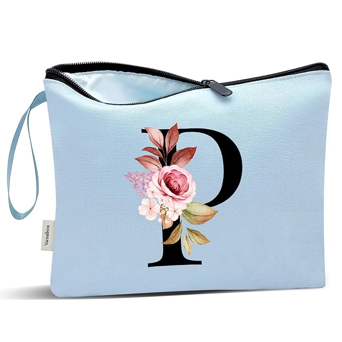 Vavabox A-Z Personalized Makeup Bag, Birthday Gifts for Women Mom, Gifts for Best Friend, Bride Bridesmaid Cosmetic bag (P, Blue)