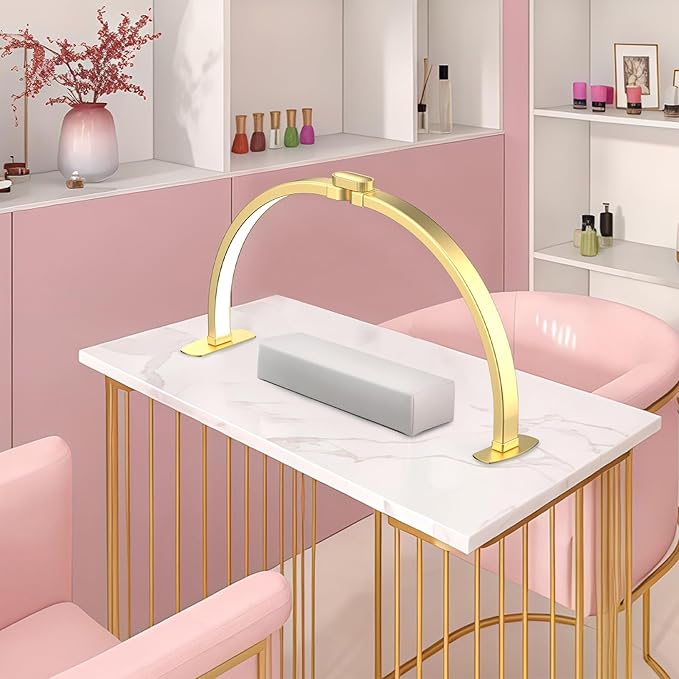 Foldable Large Half Moon LED Light for Table Nail Desk with Phone Stand, Upgrade Arch Light for Nail Techs with Wire Controller for Manicure Tattoo Beauty (Gold, Large)