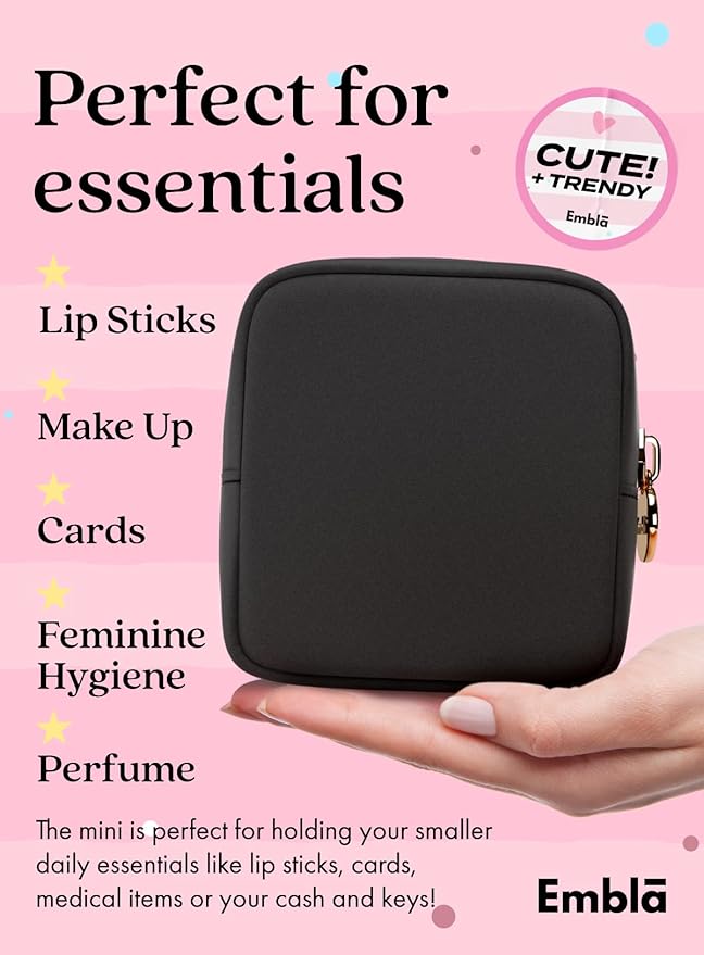 Embla Makeup Bag Travel Cosmetics Pouch and Toiletry Bag, Nylon Zipper Pouch Purse, Cute Make Up Organizer Storage Tote for Women Girls, Waterproof Travel Skincare Case, Small Makeup Bags, Black