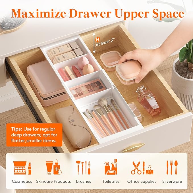 Lifewit 2 Pack Sliding Makeup Drawer Organizer Trays with Inserts, Extendable Hanging Desk Drawer Divider, Fits 13-20" Deep Drawers, 1.8" High Plastic Organizer Tray for Vanity, Office, Kitchen, White