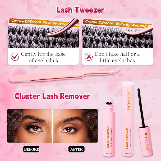 Lash Extension Kit DIY Lash Clusters Kit 400pcs Cluster Lashes Individual Lashes Eyelash Extension Kit with Lash Bond and Seal,Lash Remover,Lash Tweezers(50D+80D Cluster Kit,8-16mm)