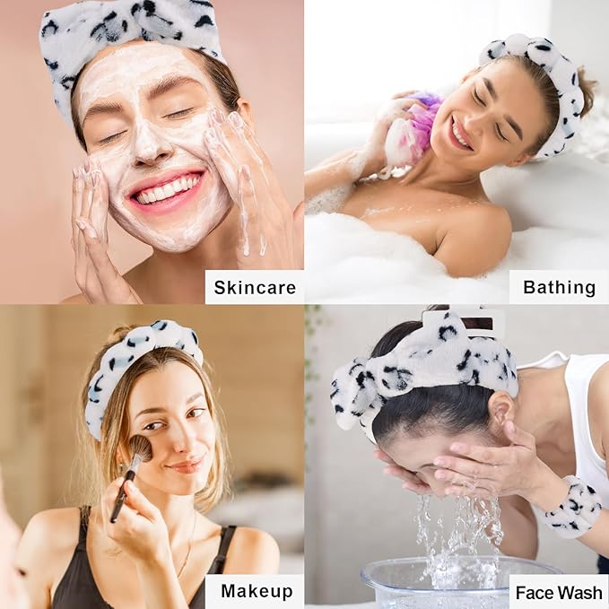Canitor Spa Headband Wrist Bands with Hair Clips Dalmatian Print Makeup Skincare for Washing Face Skin Care Preppy Teen Girl Gifts Cute Trendy Stuff Hair Accessories for Women