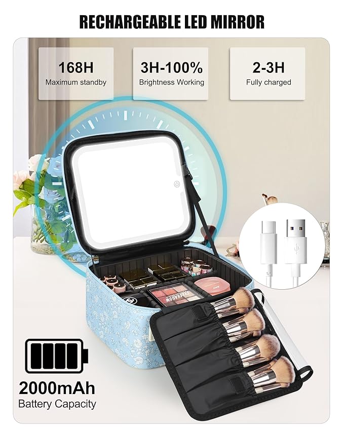 Relavel Travel Makeup Bag With LED Mirror for Women, Cosmetic Organizer Bag with Adjustable Brightness in 3 Color Scenarios, Detachable Dividers, Waterproof Train Case for Daily - White Flower