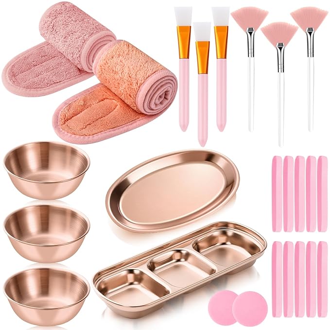 LemonRoad 25 Pcs Esthetician Facial Supplies Set, 3 Stainless Steel Mixing Bowls, 2 Serving Trays, 6 Brushes, 2 Hairbands, 12 Compressed Sponges for Women Facial Mask Spa Home Use(Rose Gold)