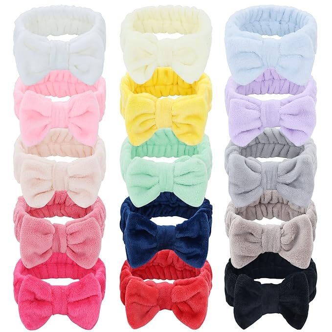 Lawie 15 Colors Pack Coral Fleece Fluffy Wide Headbands for Women Yoga Sports Spa Makeup Hair Holder Wraps for Washing Face Large Hair Bows Bands for Teens Girl