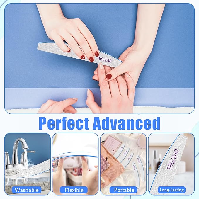 BLESWIN Nail Files 180/240 Grit, 25 Pcs Professional Double Sided Emery Board, Reusable Washable Coarse Tool for Acrylic & Gel Nails, Home Salon Application
