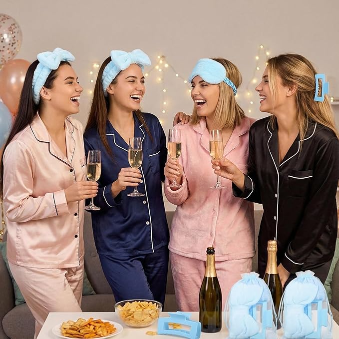 48 Pcs Galentine Spa Party Supplies Sleepover Essentials 12 Spa Headband 12 Plush Eye Mask 12 Claw Clips 12 Organza Bag for Adult Slumber Party Supplies Valentine Gift(Blue)
