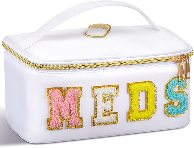 Geetery Clear Makeup Bag Chenille Letter Meds Bag Travel Cases Preppy Patch with Zipper, Portable Cosmetic Toiletry Storage case for Women(Meds,White)