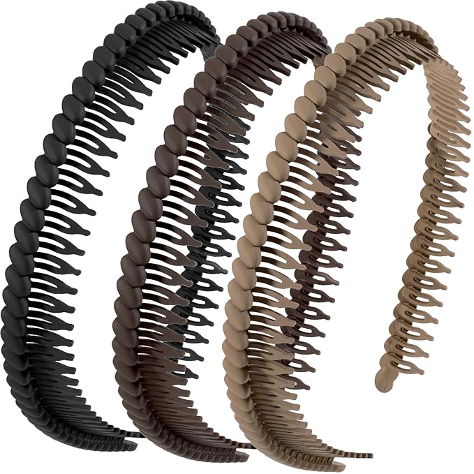 3 Pcs Headband with Teeth, Comfortable Headbands for Women with Teeth, Fashion Comb Headband, Plastic Head Bands for Women's Hair Non Slip (4.3''×0.7'', Black, Coffee, Khaki)