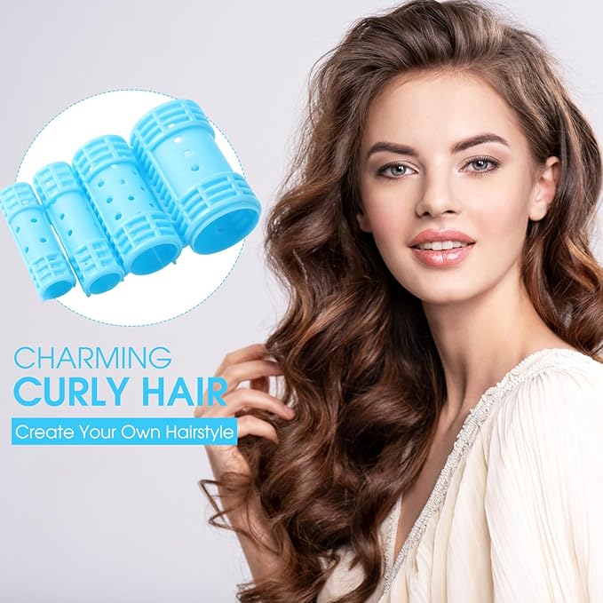 WILLBOND 65 Pieces Magnetic Hair Rollers Set Plastic Rollers Curlers with Clips 4 Sizes for Long Medium Short Hair, Duck Clips Hairnet Hairdressing Styling Tool(Blue)
