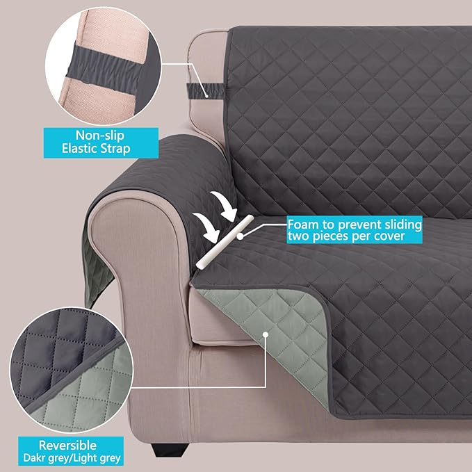 U-NICE HOME Large Sofa Cover Reversible Couch Cover for Dogs with Elastic Straps Water Resistant Furniture Protector for Pets Couch Cover for 4 Cushion Couch (Oversized Sofa, Dark Grey/Light Grey)