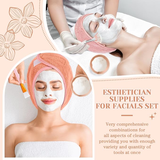 LemonRoad 25 Pcs Esthetician Facial Supplies Set, 3 Stainless Steel Mixing Bowls, 2 Serving Trays, 6 Brushes, 2 Hairbands, 12 Compressed Sponges for Women Facial Mask Spa Home Use(Rose Gold)
