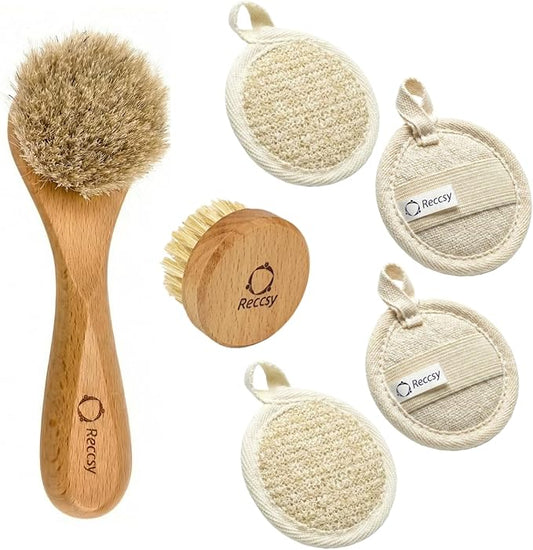 Reccsy Face Brush Set - Soft Natural Bristle Facial Dry Brush for Lymphatic Drainage & Face Exfoliator Brush - Includes 4 Reusable Cleansing Pads