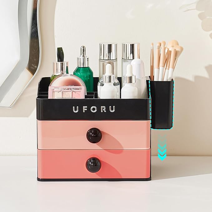 Makeup Organizer for Vanity with Brush Holder, Countertop Skincare Organizer with 2 Drawers, Spacious Cosmetic Display Case for Perfumes, Eyeshadow Palettes, Nail Polishes
