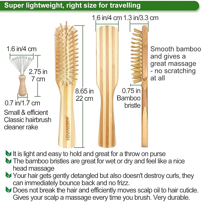 Bamboo Hair Brush with Cleaner Tool For Women Men, Bamboo Bristle Wooden Paddle Detangling Brush Helps Hair Growth, Enhance Shine & Health, Massaging Scalp - 2 Pack