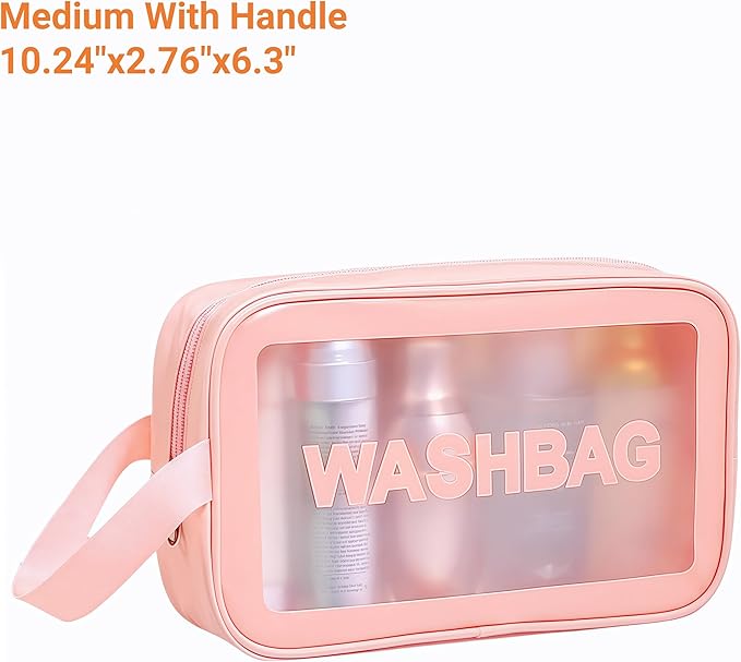 Waterproof Clear Frosted Travel Toiletry Bag For Men & Women: 3-Size Handle Cosmetic Case + 4 Pre-Labeled 2Oz Bottles & Sticker. Large Washbag Organizer. (Soft Pink)