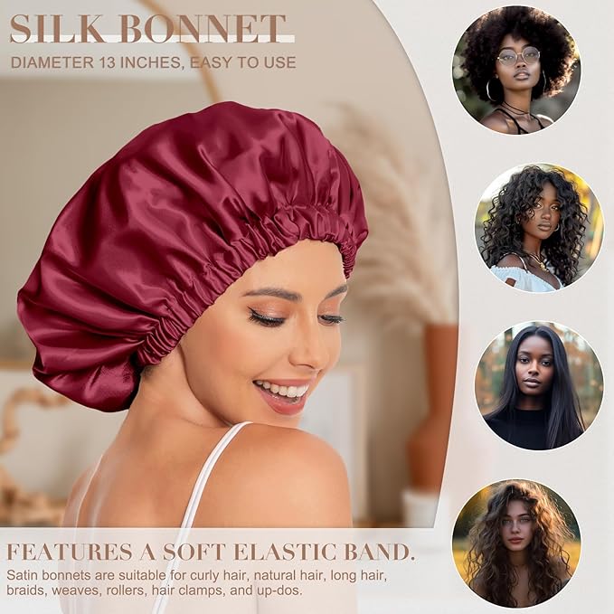 Satin Bonnet Silk Bonnet Hair Bonnet for Sleeping-Slouchy Beanie Hat Satin Sleep Cap for Women's Natural & Curly Hair(Red)