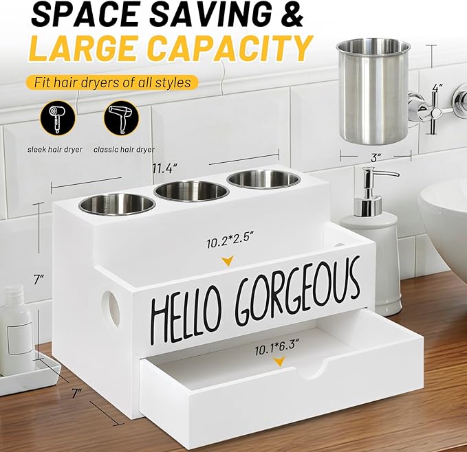 Hair Tool Organizer Drawer, Heat-Resistant Hot Tools Organizer with Removable Stainless Steel Cups for Hair Dryer, Curling Iron, Straightener, Bathroom Hair Accessories Storage (White)