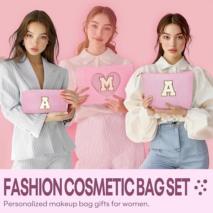 2 PCS Initial Makeup Bags for Women: Cosmetic Bag for Travel Toiletry - Birthday Gifts for 11 12 13 14 15 16 17 18 Years Old Girl Graduation Teacher Gift- Teen Girl Gifts Trendy Stuff - Pink Z