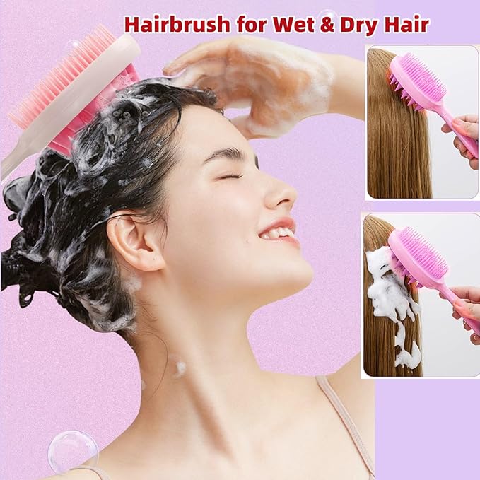Hair Brush,Double-sided Silicone Comb Brush for Wet & Dry hair, Eliminates Knots & Reduces Breakage for All Hair Types, Large Combs for Head Massage and Relaxation,Pink