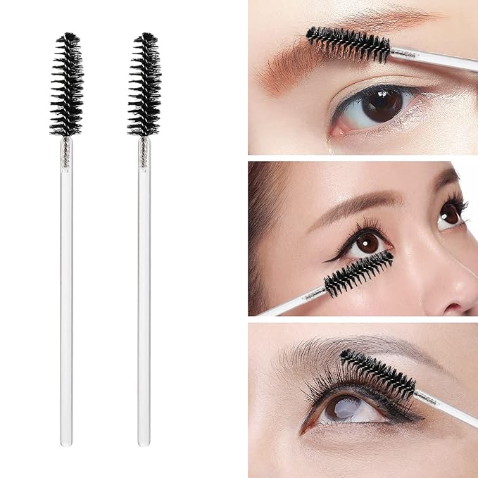 100 Pcs Disposable Mascara Wands, Crystal Eyebrow Spoolies Brush for Eyelash Extensions, Makeup Applicators Kits Eyelash Brush with Container (Black)