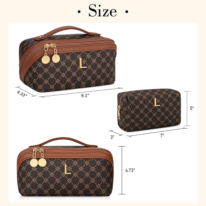 Birthday Gifts for Women Teen Girl, Personalized Initial Makeup Organizer Bag Set, Open Flat Travel Cosmetic Bag With Clear Divider and Handle(Coffee,L)