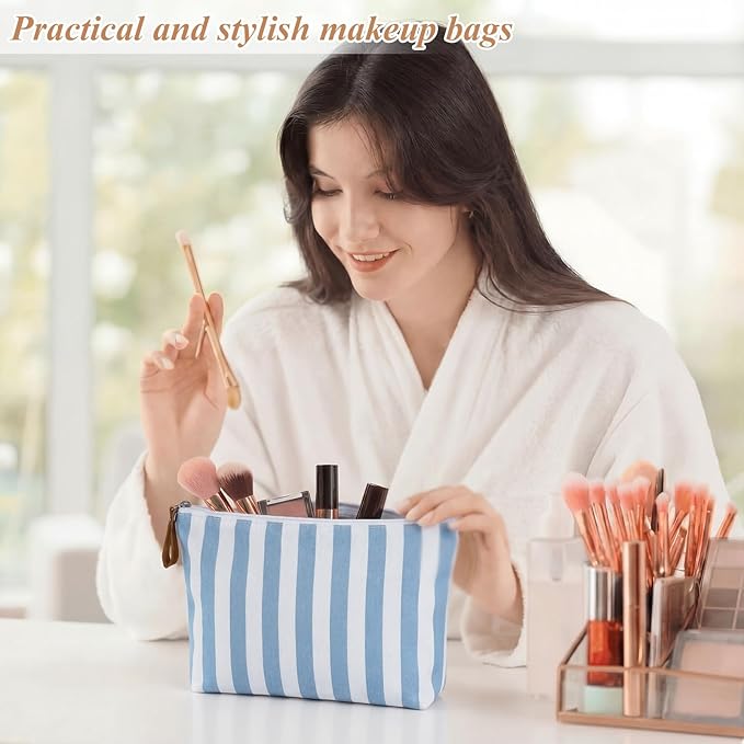 Hillban 12 Pcs Blue Striped Makeup Bags Bulk Canvas Cosmetic Bag Beach Themed Gifts Travel Toiletry Organizer Zipper Pouch Bags for Women Bridemaids Party Favors