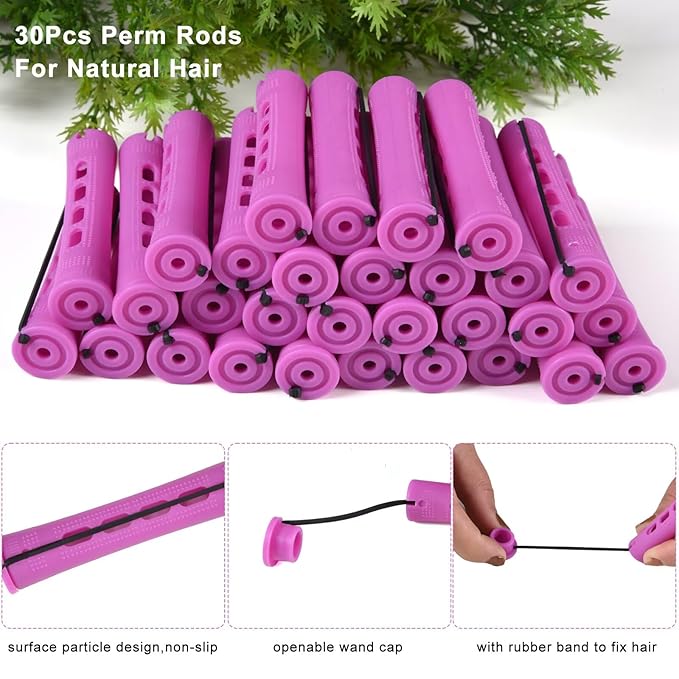 FEEL ME 30Pcs Purple Perm Rods for Long Short Hair, Plastic Cold Wave Rods, Non-Slip, Heatless, Medium Size