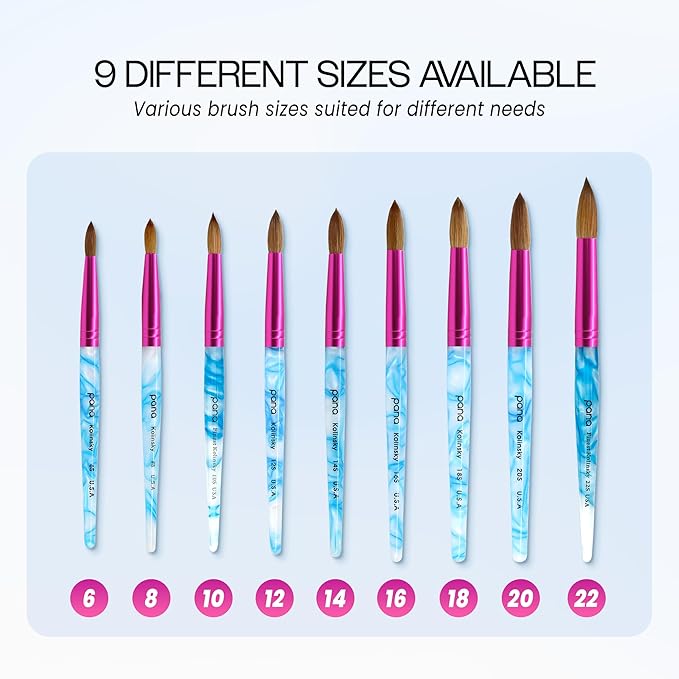 PANA USA Acrylic Nail Brush Pure Kolinsky Hair Acrylic White Swirl Blue Handle with Pink Ferrule Round Shaped - Size 10