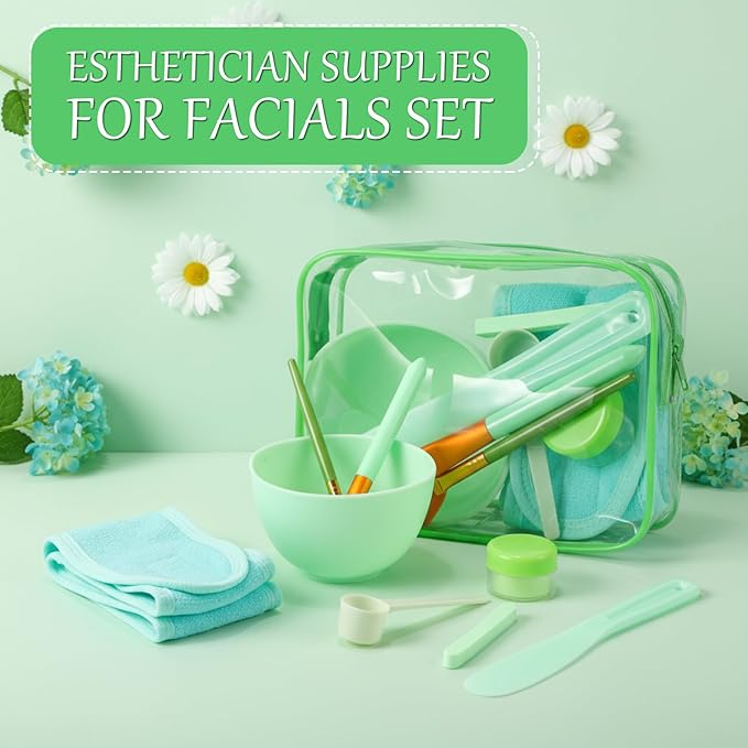 LemonRoad 34 Pcs Esthetician Facial Supplies Include Facial Bowls Brushes Jars Measuring Spoons Hairbands Esthetician Essentials Valentines Gift Set For Women(Green)