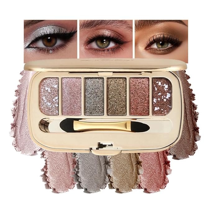 6-Color Glitter Eyeshadow Palette – High Pigment Shimmer Metallic Eye Shadow Kit, Long-Lasting Blendable Sparkle Shades for Daily Makeup, Party Glam, Festival & Creative Eye Looks 06#
