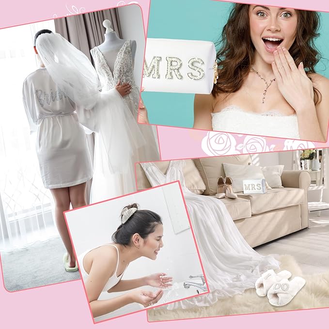 Bride to Be Gift Set - I Do Bride Slippers, Robe, Hair Claw, Makeup Bag - Bridal Shower & Wedding Gift