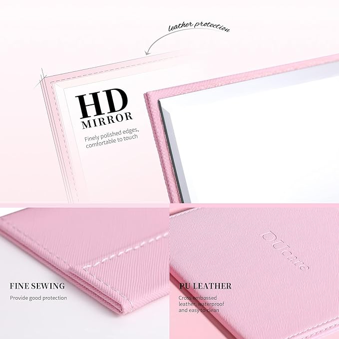 DUcare Folding Mirror Portable Travel PU Portable Adjustable Rectangular Ultrathin Vanity Mirror with Stand Pink