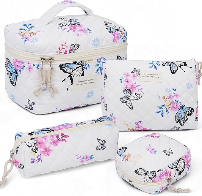 VIWIME Makeup Cosmetic Bag, Large Cotton Quilted Travel Coquette Aesthetic Cute Floral Make up Bag for Women Toiletry Bag Organizer (301-BlackButterfly)