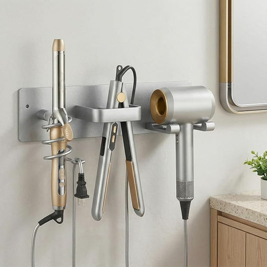 Blow Dryer Holder Wall Mount, 3 in 1 Bathroom Hair Tool Organizer with Curling Iron Holder & Flat Iron Holder, Universal Hair Dryer Holder Rack Storage (Silver)
