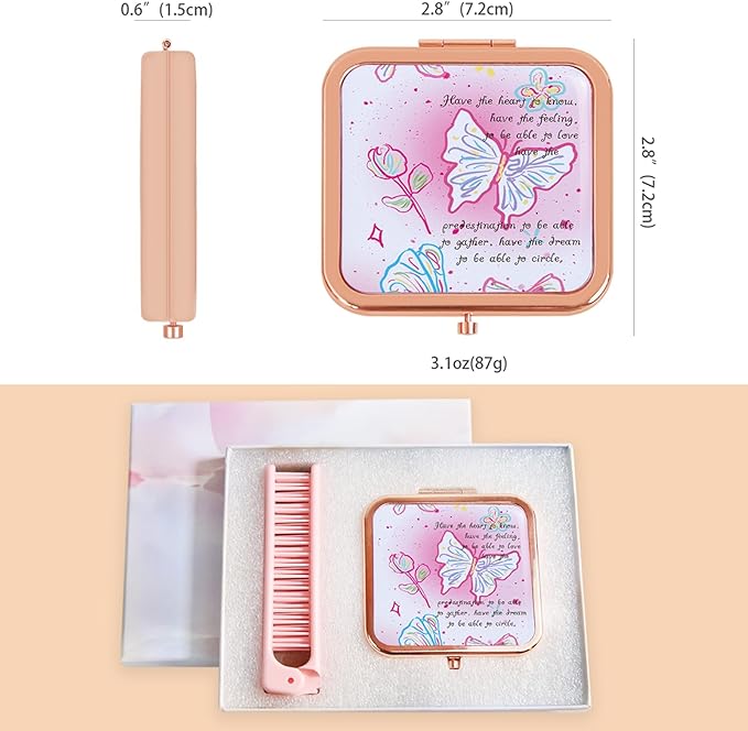 Compact Mirror with Folding Comb, 2-Sided 1X/2X Magnification, Pocket Travel Makeup Mirror for Women Girls, Small Portable Handheld Mirror, Travel Essentials, Gift Box