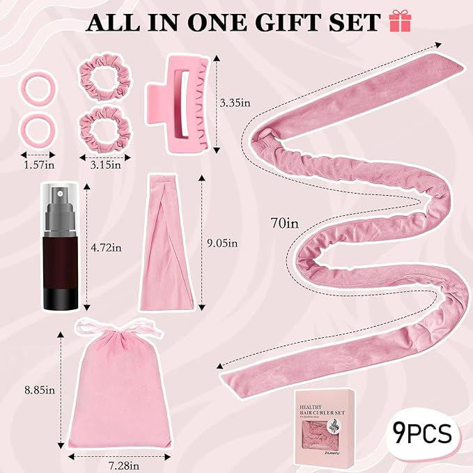 ZILAMPU Heatless Curls Overnight for Long Hair, No Heat Hair Curlers to Sleep In Overnight Curls, 70" Soft Velvet No Heat Overnight Curlers Set for Women (Pink, 9 Pcs)