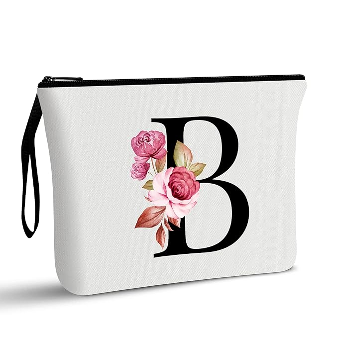 Vavabox A-Z Personalized Makeup Bag, Birthday Gifts for Women Mom, Gifts for Best Friend, Bride Bridesmaid Cosmetic bag (B, White)