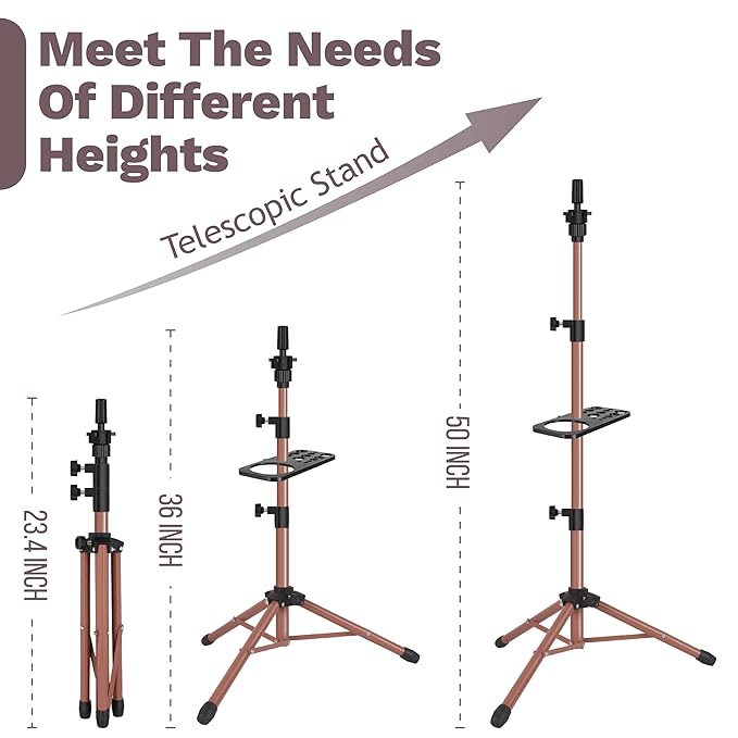 Wig Stand Tripod 50 Inch Metal Wig Mannequin Head Tripod Stand For Hairdressing Training Head Adjustable Wig Tripod Stand with Tool Tray (Latte, Mannequin Head Not Included)