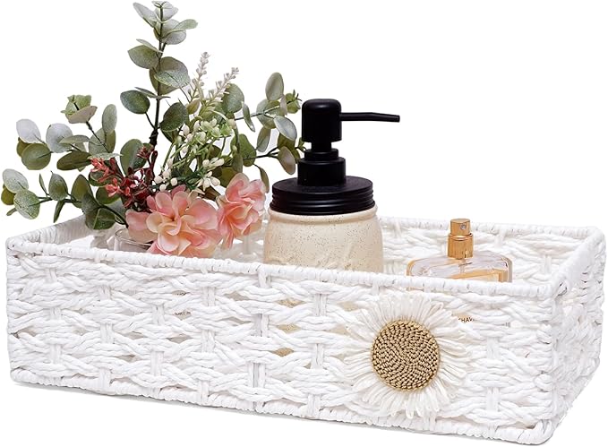 Toilet Paper Basket for Tank Top Bathroom Decor Baskets for Organizing Bathroom Tray for Counter Storage Basket for Bathroom Organizer-White