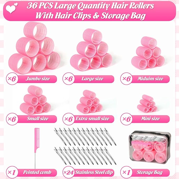 6 Size Hair Rollers for Women, 62 Pcs Rollers Hair Curlers for Long Medium Short Hair, Large Medium Small Self Grip Hair Rollers with 36 Rollers 24 Stainless steel Clips 1 Storage Bag