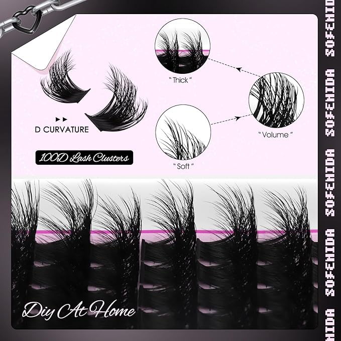 SOFENIDA Lash Clusters Kit 100D Thick Cluster Lashes 10-18mm Volume Eyelash Clusters D Curvature Cluster Eyelash Extensions 3D Wispy Lash Clusters DIY Lash Extension Kit(100D-10-18MIX Thick Kit)