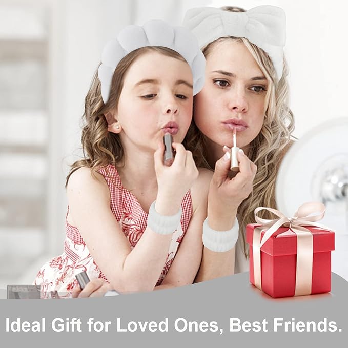 Canitor Spa Headband Wrist Bands with Hair Clips White Non Slip Puffy Terry Cloth Makeup Skincare for Washing Face Skin Care Preppy Teen Girl Gifts Women Cute Trendy Stuff Stocking Stuffer