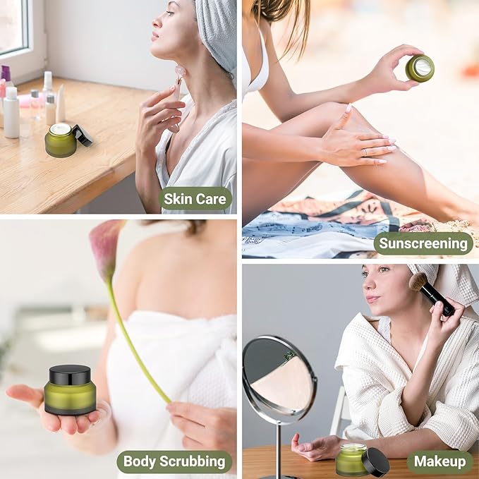 Segbeauty 1.7oz Green Frosted Glass Jar with Lid, Empty Cosmetic Containers Sample Jars Small, Refillable Travel Bottles for Toiletries 4pcs 50ml, Empty Matte Travel Containers with Spatulas