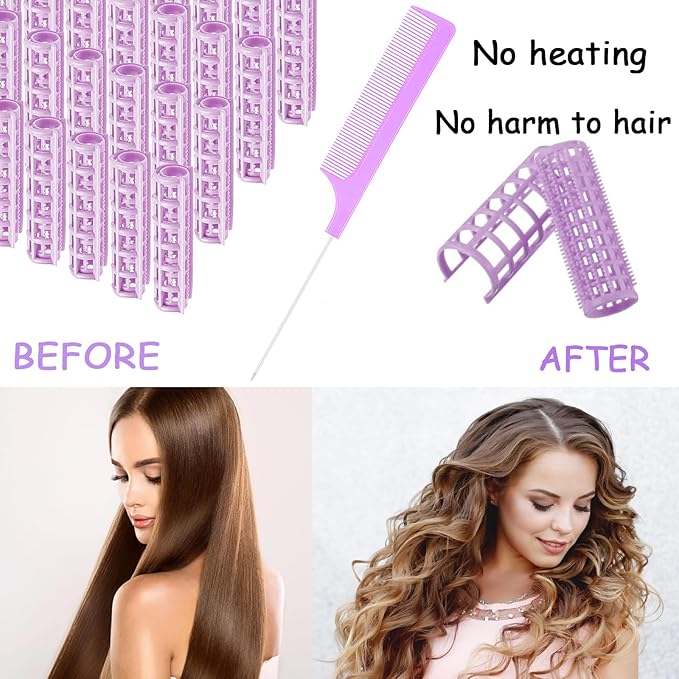 ZMD 28PCS Self Grip Small Hair Rollers Set, 0.6In/1.5cm Plastic Snap on Rollers Heatless Curlers with Comb Hairdressing Tools for Women/Men Short Thin Fine Hair (Purple)
