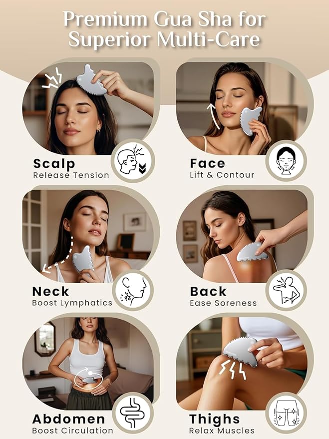 Rena Chris Body Gua Sha Tools, Stainless Steel Guasha Tool, Manual Massage Sticks for Jawline Sculpting and Puffiness Reducing, Whole Body Skin Care Massager (Silver)