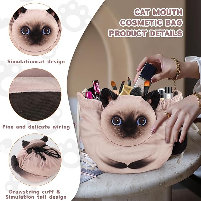 Drawstring Makeup Bag - Travel Organizer, Cosmetic Pouch, Cat Gift for Women, Lay Flat Bag for Cat Lovers